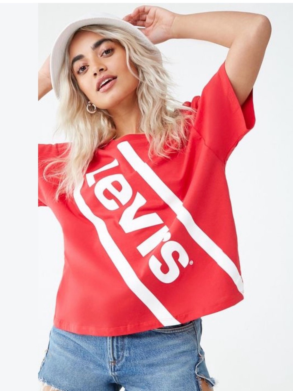Levi's Graphic Varsity Cropped Tee in Red with Bold Sloped Logo Striping!